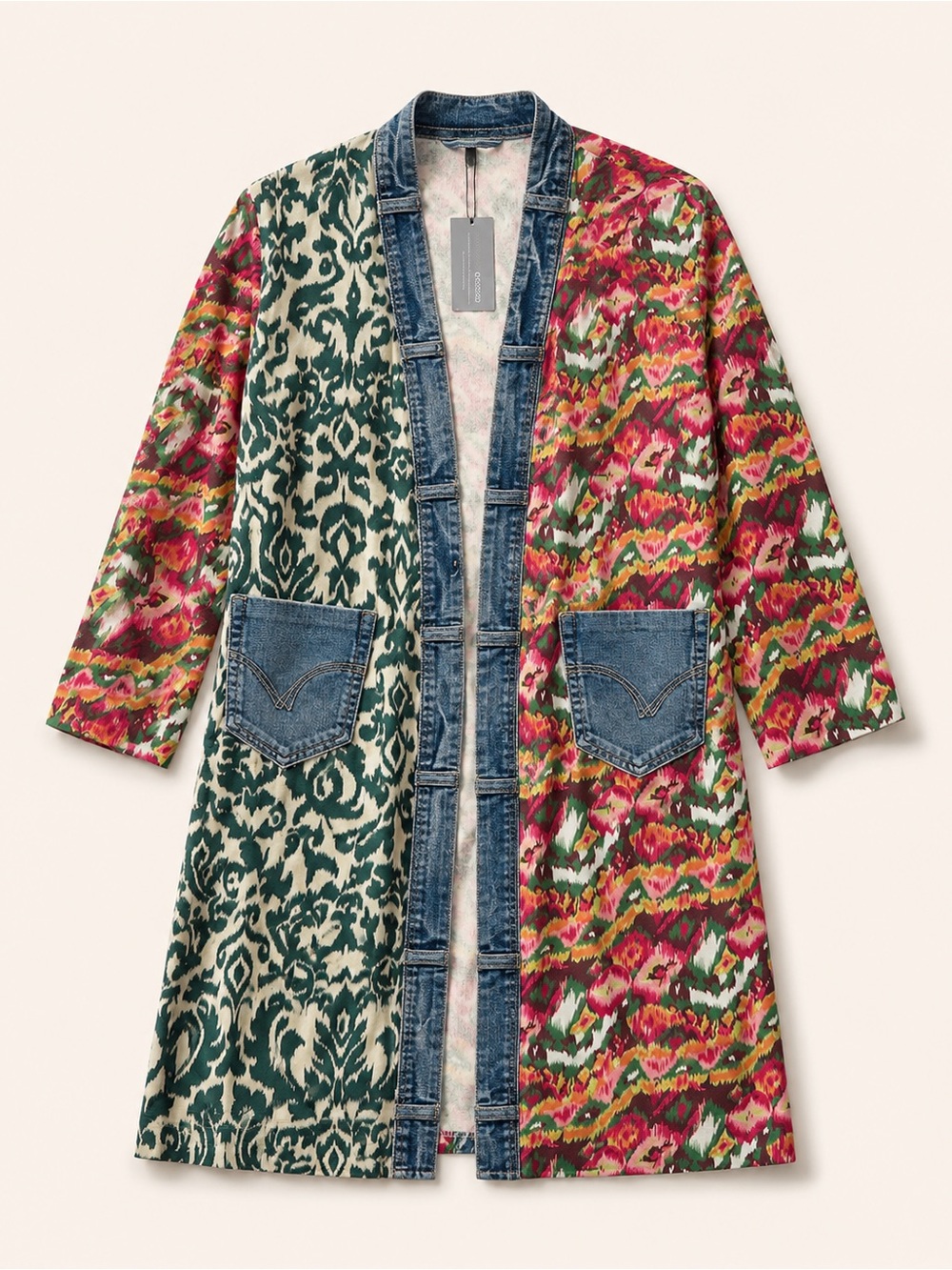 Mixed Ikat Open Trench Coat with Denim Trim - Multicolor